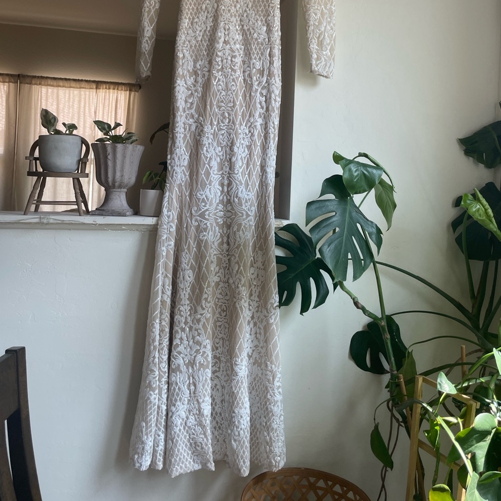 Wedding Dress long sleeve open back v neck, white and nude beaded embroidered - Picture 10 of 10